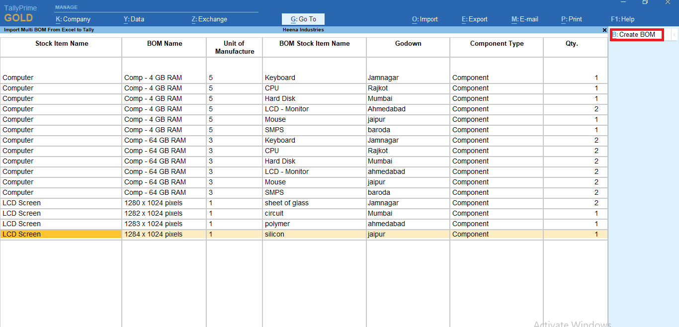 Import Bill of Material of Stock Item From Excel to tally